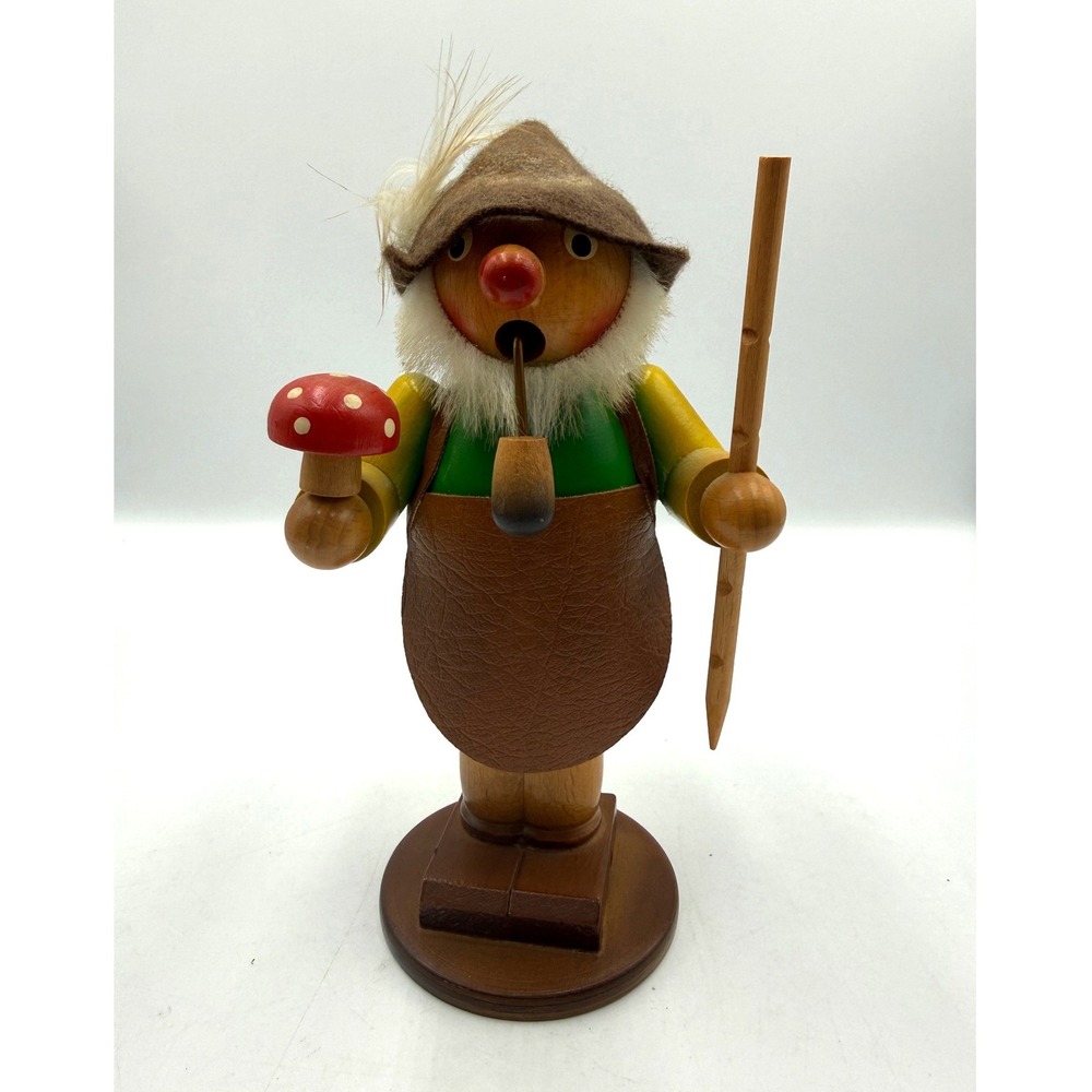 Vtg 1984 Steinbach German Wood Smoker Woodsman Lucky Mushroom Picker Signed 10"